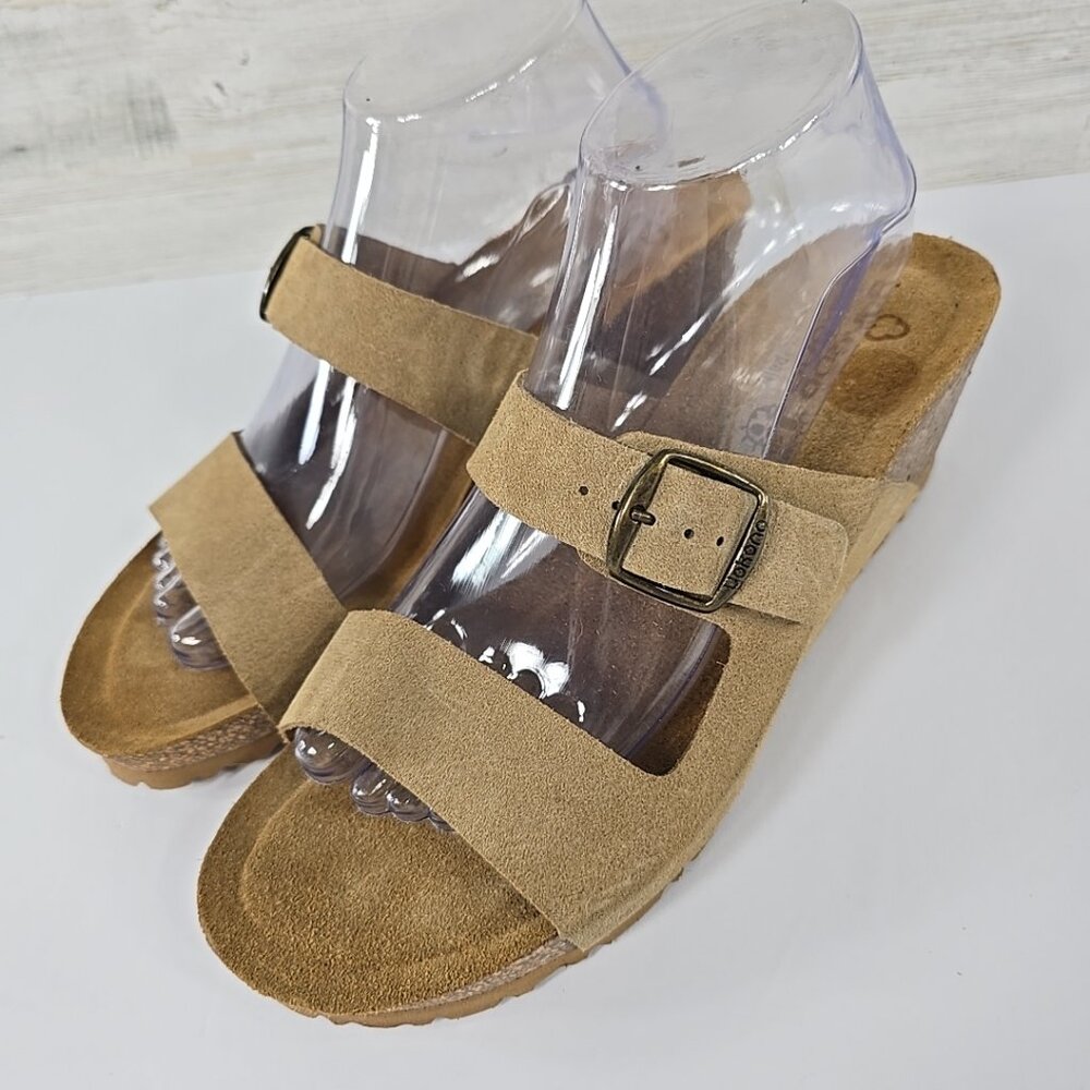 YOKONO Light Brown LEATHER Buckle Wedge Slide on Sandals Cork WOMEN'S Size 9.5